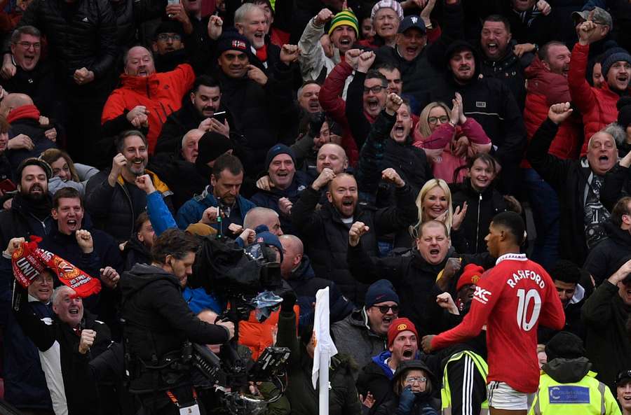 Marcus Rashford celebrates his side's second goal against Manchester City