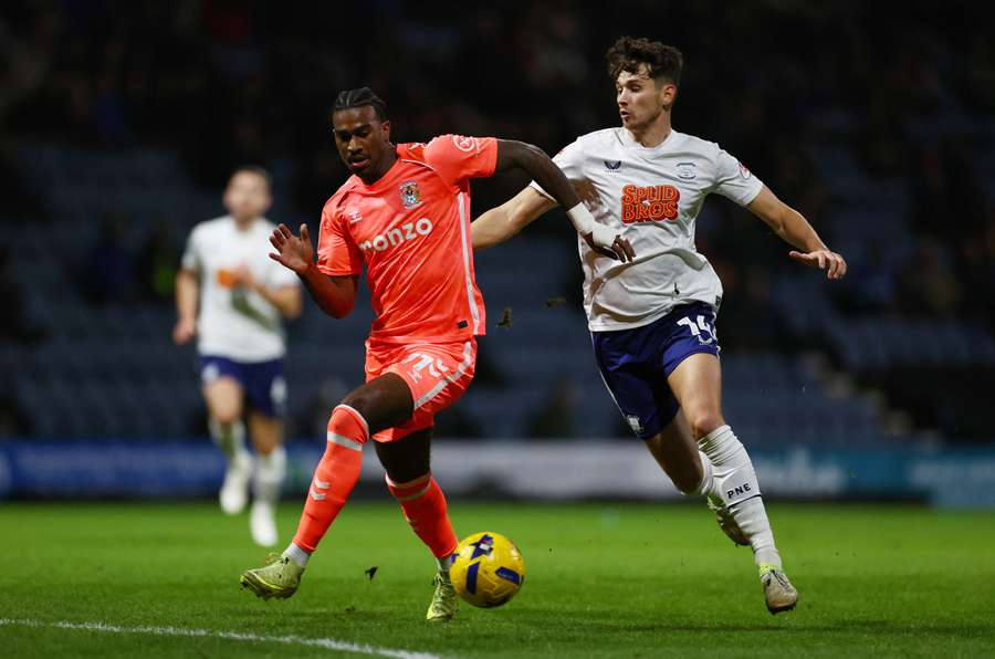 Haji Wright of Coventry City battles for possession with Jordan Storey of Preston North End Haji Wright of Coventry City battles for possession with Jordan Storey of Preston North End
