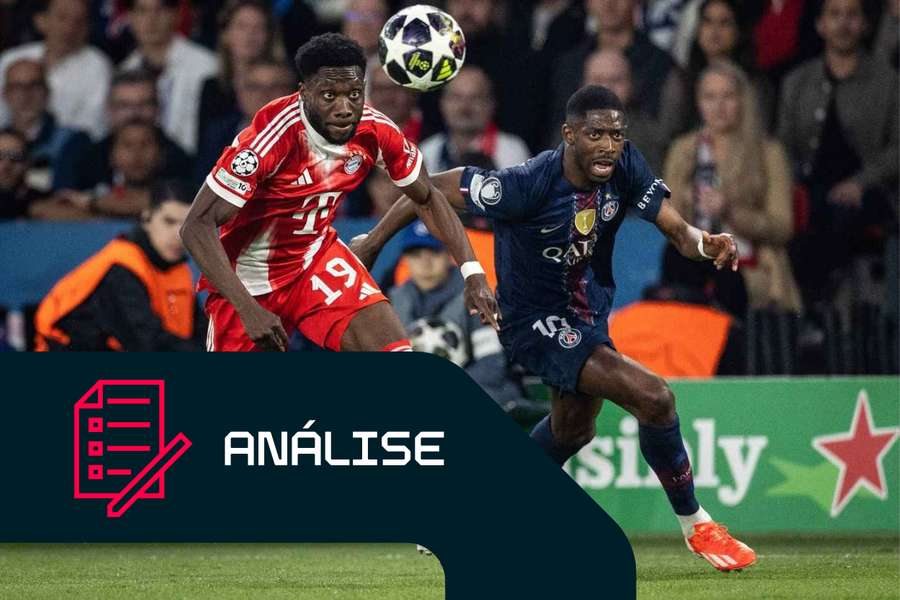 Ousmane Dembélé, do PSG, disputa com Alphonso Davies, do Bayern de Munique