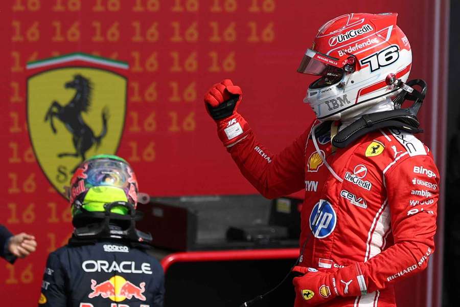 Leclerc celebrates his victory at Silverstone