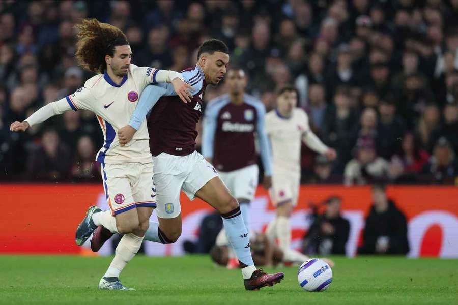 Chelsea's Marc Cucurella and Aston Villa's Morgan Rogers battle for the ball