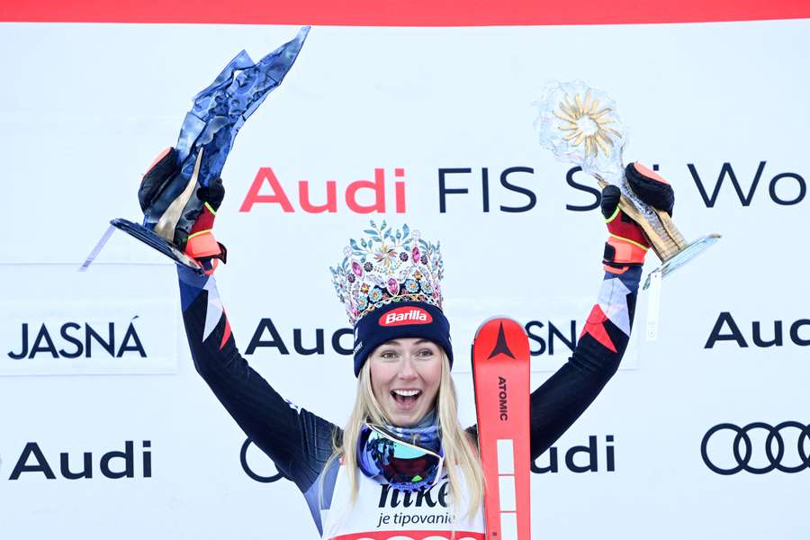 USA's Mikaela Shiffrin celebrates on the podium