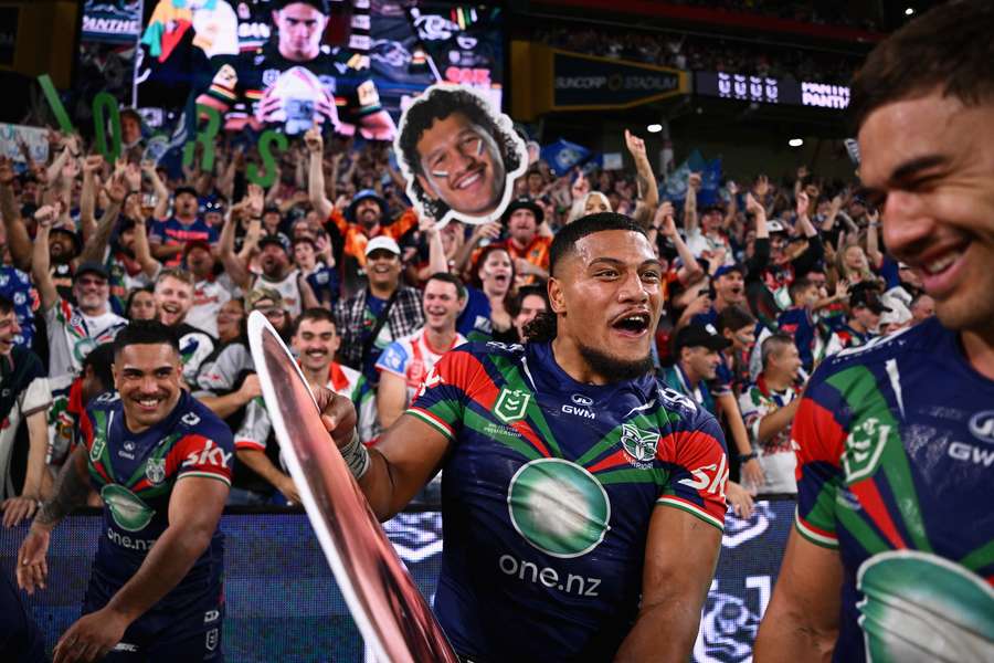 Demitric Vaimauga celebrates the Warriors' Magic Round win with their supporters in Brisbane. Demitric Vaimauga celebrates the Warriors' Magic Round win with their supporters in Brisbane.