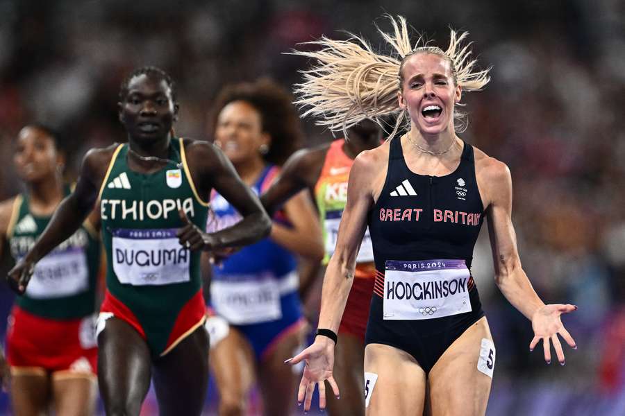 Keely Hodgkinson crosses the line to win 800m gold at the Olympics