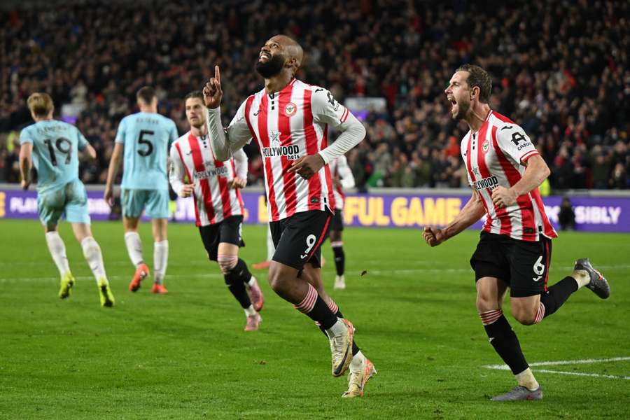Igor Thiago celebrates after opening the scoring for Brentford in the 81st minute