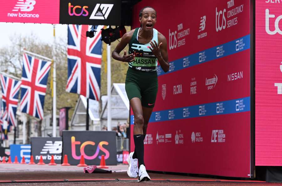 Netherlands' Sifan Hassan reacts after winning the Women's race at the finish of the 2023 London Marathon