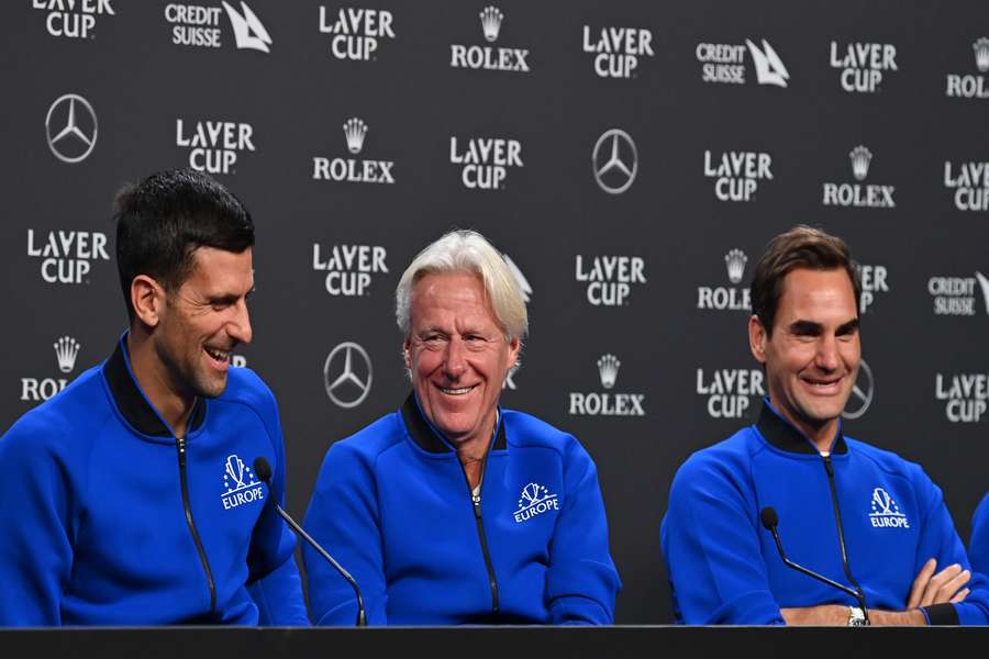 Djokovic y Federer, junto con Borg, durante la rueda de prensa previa a la Laver Cup.