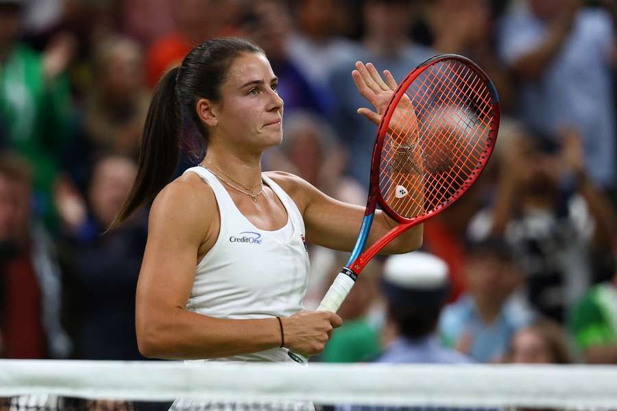 Emma Navarro celebrates after her win on Centre Court