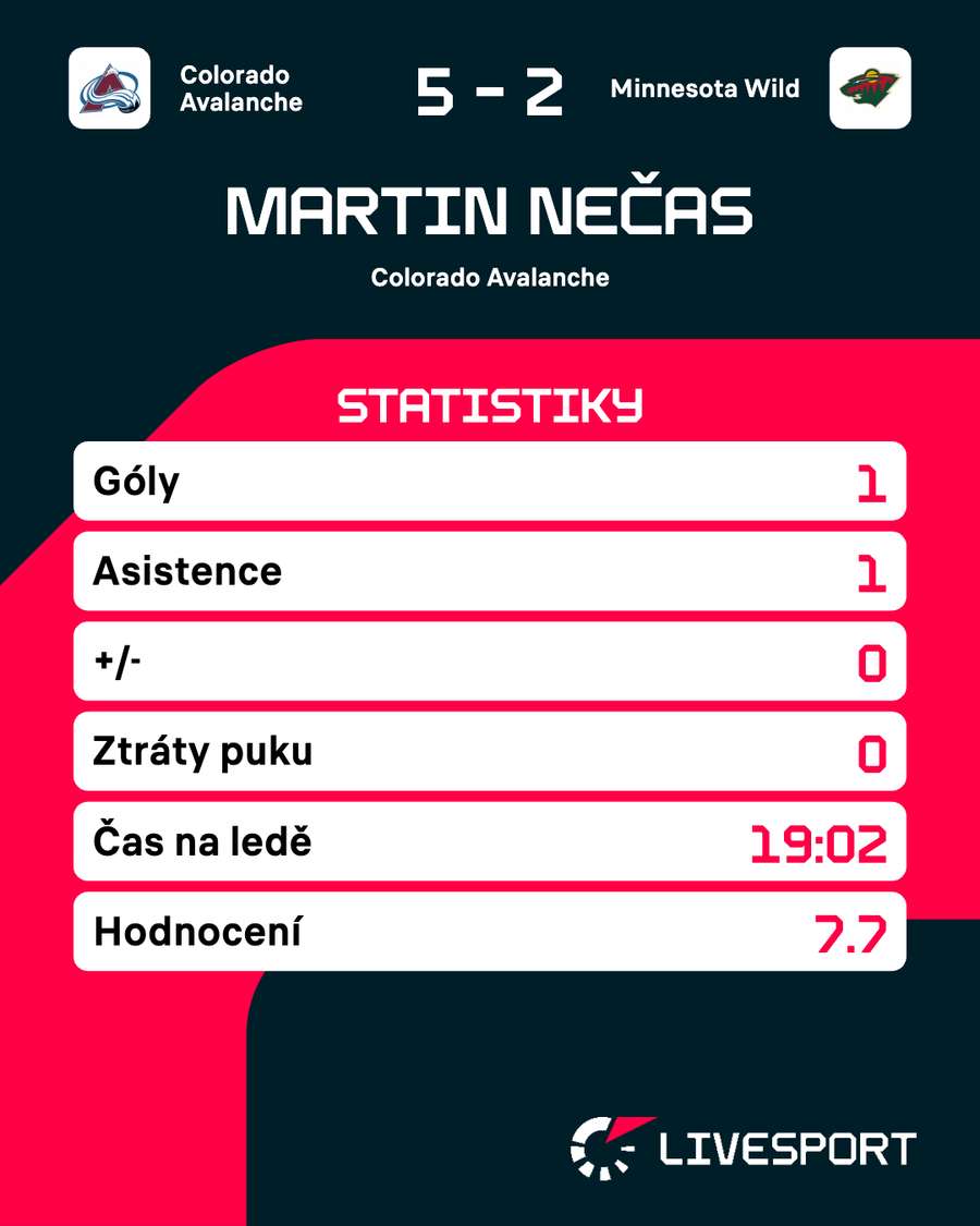 Statistiky Martina Nečase proti Minnesotě.