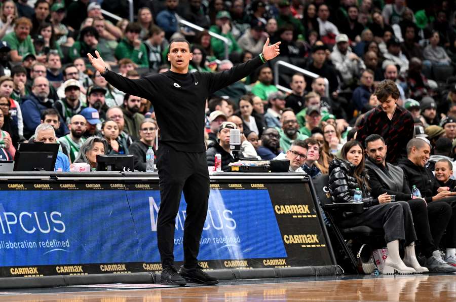 Boston Celtics Coach Joe Mazzulla, Brooklyn Nets Center Nic Claxton ...