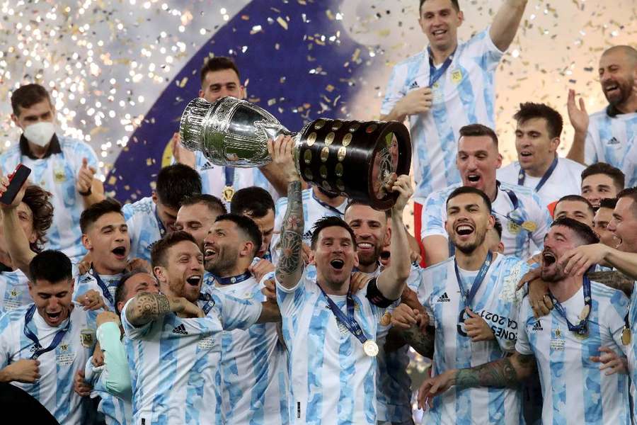 Argentina's Lionel Messi and teammates celebrate winning the last Copa America in 2021