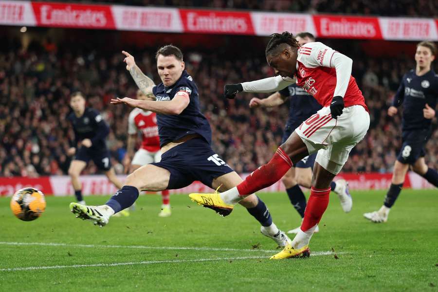 Arsenal's Eberechi Eze shoots at goal against Wigan