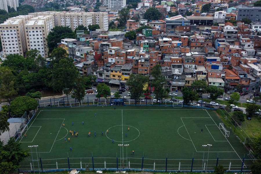 Aerial view of a football field in Sao Paulo, Brazil, taken on February 17, 2024