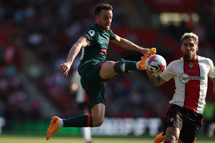 Liverpool's Portuguese striker Diogo Jota controls the ball during the English Premier League football match between Southampton and Liverpool