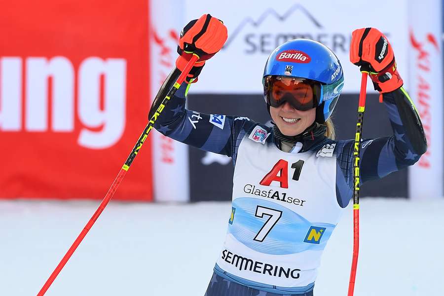 Mikaela Shiffrin celebrates after the second run of the giant slalom during the Alpine Skiing Women's World Cup in Semmering, Austria