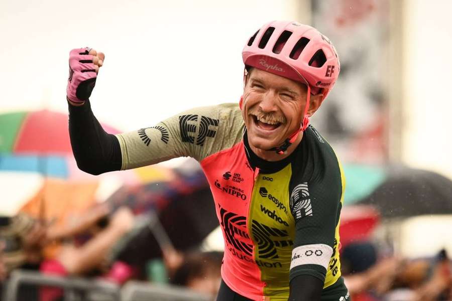 Denmark's Magnus Cort reacts after winning the 10th stage of the Giro d'Italia