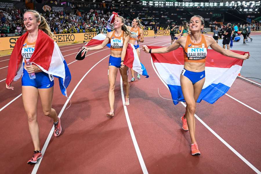 Netherland's celebrate winning gold in the 4x400m relay