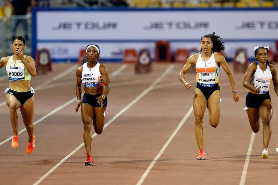 New Zealand's Zoe Hobbs, Jamaica's Shelly-Ann Fraser-Pryce, Switzerland's Mujinga Kambundji and Jamaica's Tia Clayton in action during the 100m