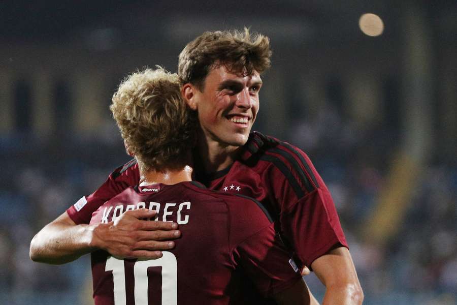 Tobias Guddal celebrates scoring his first goal with Adam Karabec Tobias Guddal celebrates scoring his first goal with Adam Karabec
