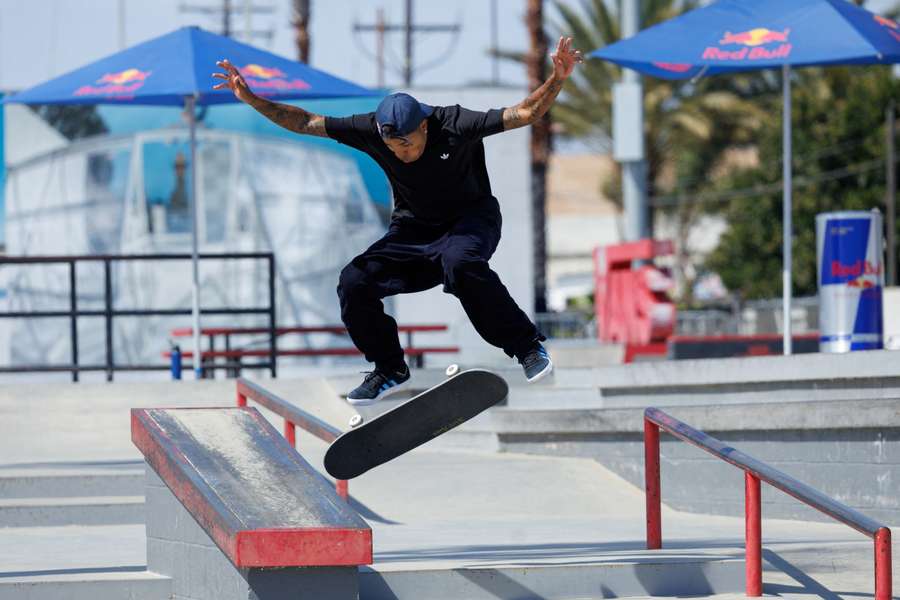 Brazilian street skateboarder Felipe Gustavo performs a trick 