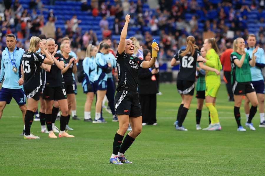 Arsenal's Katie McCabe celebrates after the win over Lyon