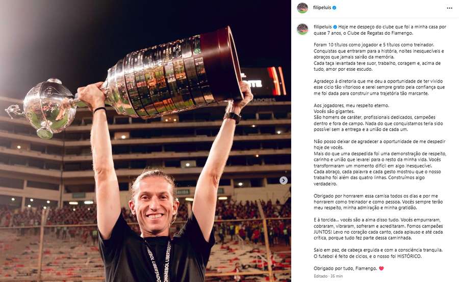 Publicação de Filipe Luís no Instagram