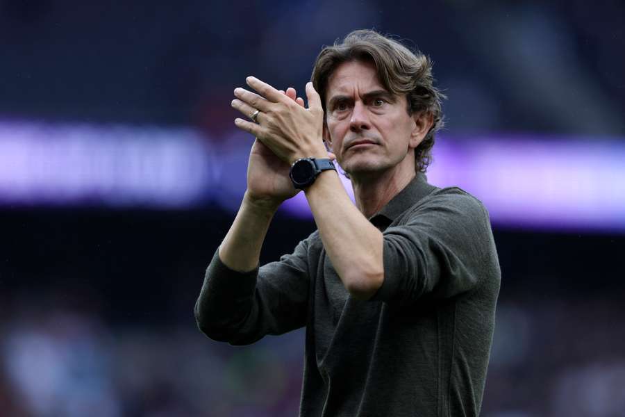 Thomas Frank applauds supporters after their home defeat to Bournemouth