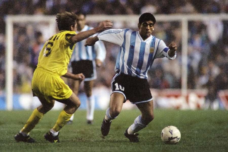Paul Wade taking on football legend Diego Maradona in 1993.