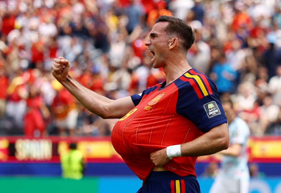 Spain's Fabian Ruiz celebrates scoring their first goal Spain's Fabian Ruiz celebrates scoring their first goal