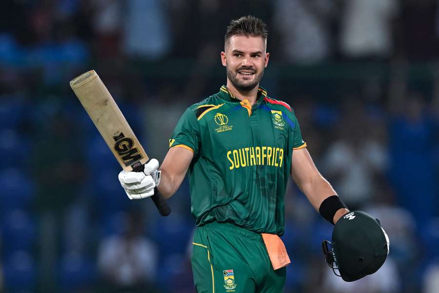 South Africa's Aiden Markram celebrates after scoring a century