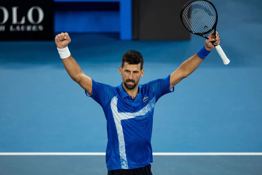 Novak Djokovic celebrates during his match against Carlos Alcaraz in the quarter-finals