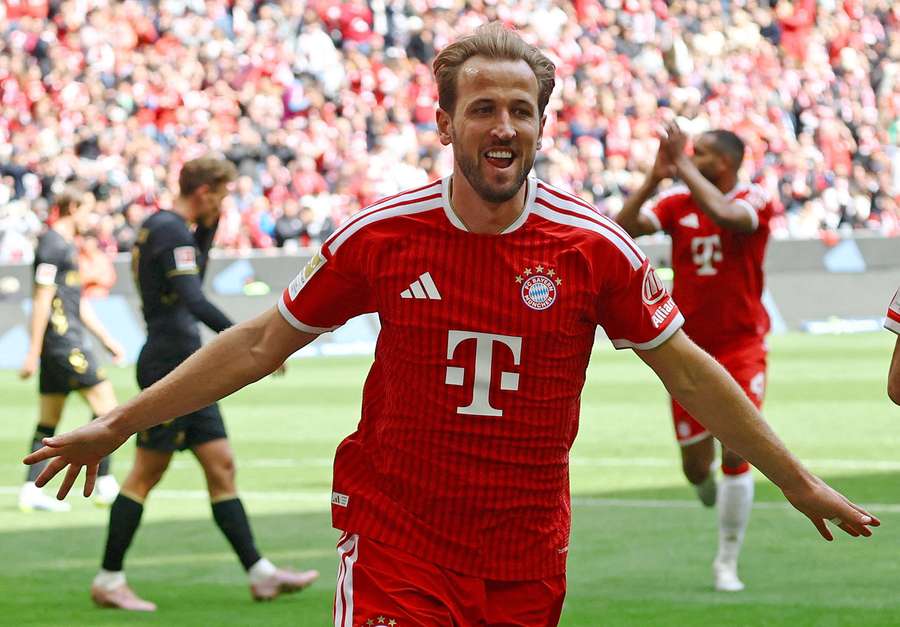 Harry Kane celebrates a goal for Bayern Harry Kane celebrates a goal for Bayern