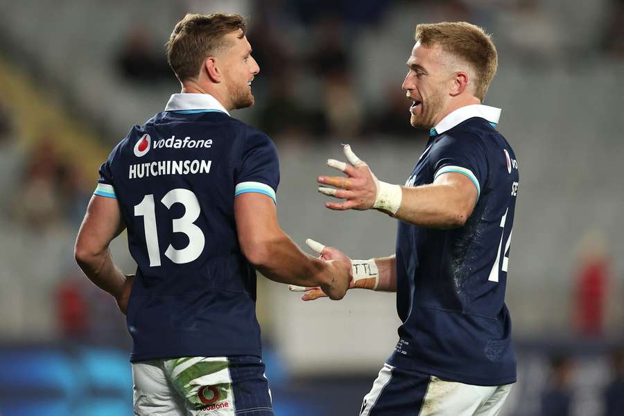 Scotland's Rory Hutchinson celebrates his try with Kyle Steyn