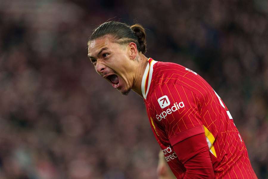 Liverpool's Darwin Nunez celebrates after a goal for Liverpool