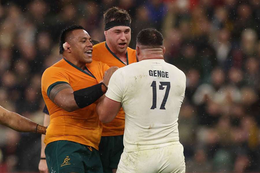 Ellis Genge tussles with Australian pair Allan Alaalatoa and Nick Frost last weekend. Ellis Genge tussles with Australian pair Allan Alaalatoa and Nick Frost last weekend.