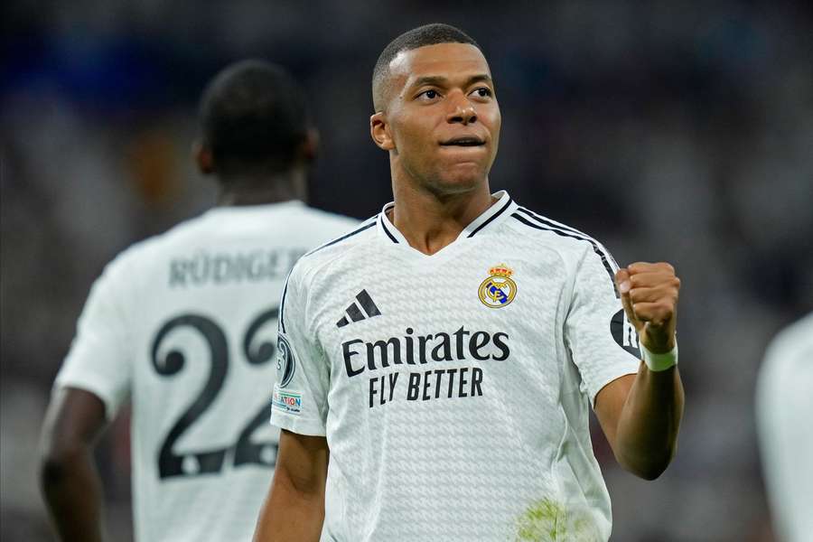 Kylian Mbappe of Real Madrid CF celebrates after scoring