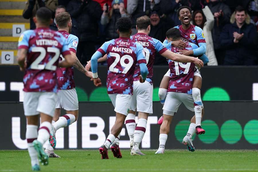 Burnley's Nathan Tella celebrates scoring Burnley's first goal