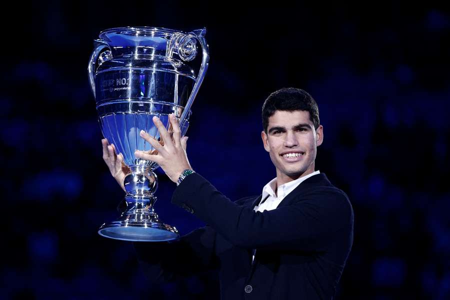 Alcaraz with his year-end No.1 trophy