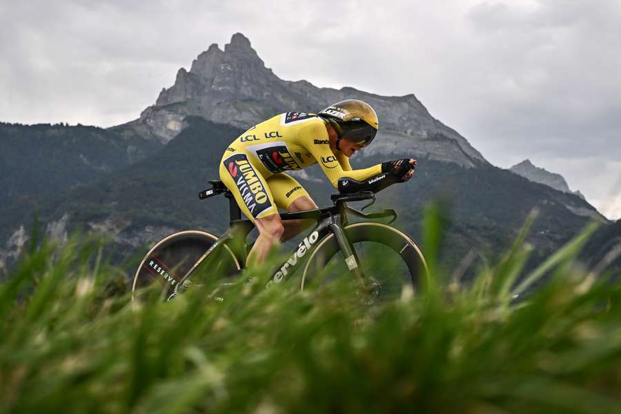Jonas Vingegaard racing during the 16th stage of the Tour de France Jonas Vingegaard racing during the 16th stage of the Tour de France