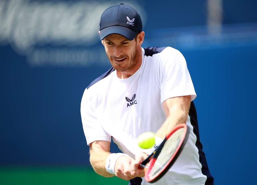 Andy Murray of Great Britain hits a shot against Lorenzo Sonego of Italy during Day Two of the National Bank Open
