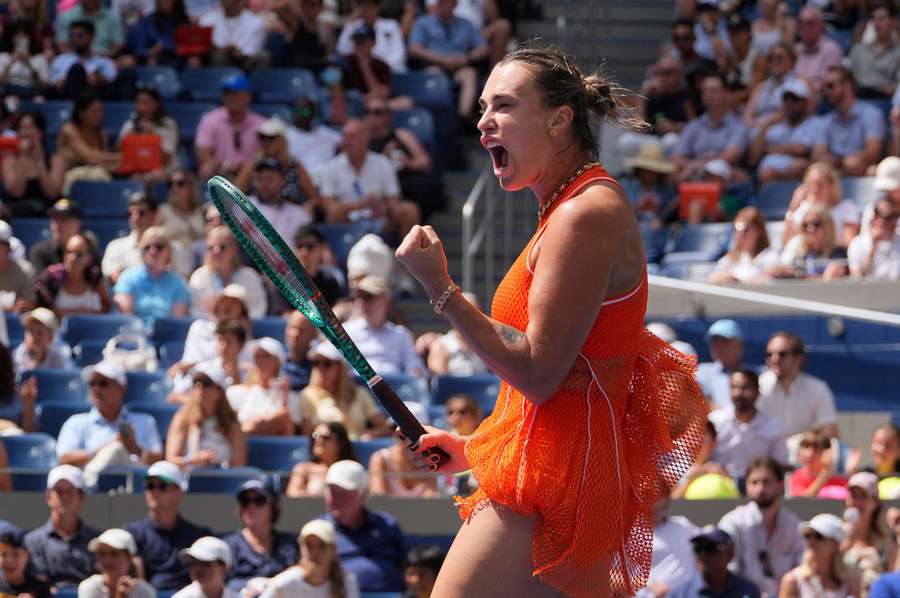 Aryna Sabalenka celebrates during the first round