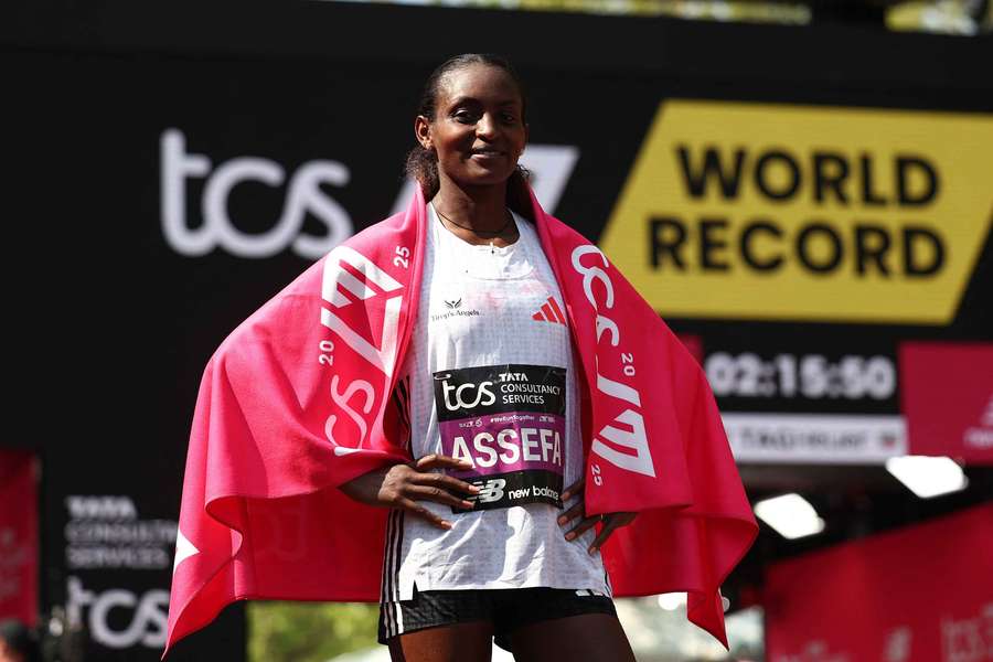 Ethiopia's Tigst Assefa smiles after winning the women's race at the 2025 London Marathon