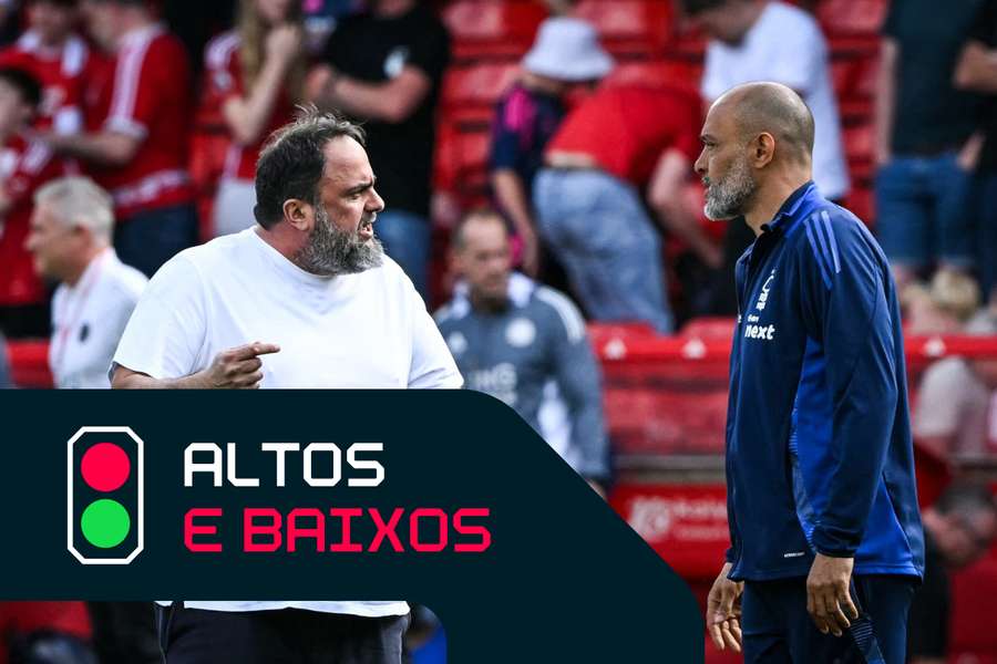 Evangelos Marinakis (à esquerda), proprietário do Nottingham Forest, confronta Nuno Espírito Santo no final do jogo de domingo