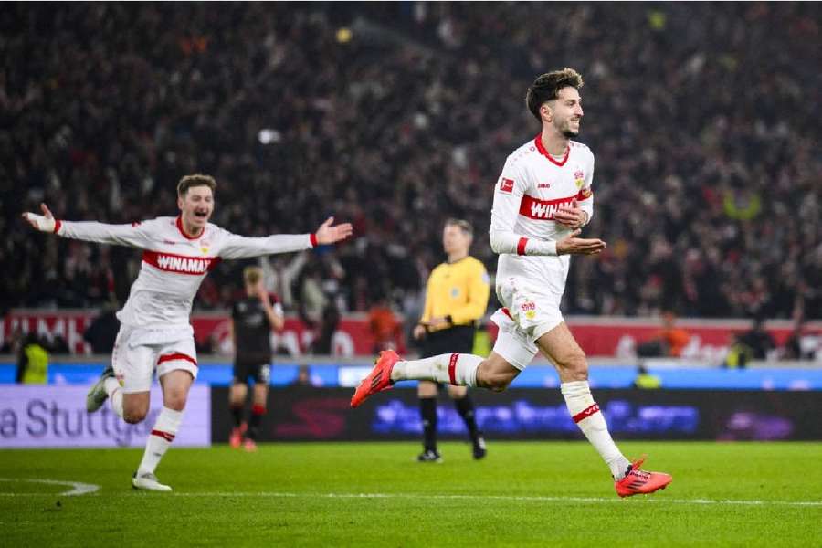 Atakan Karazor (right) celebrates with Stuttgart's Angelo Stiller after scoring against Union Berlin