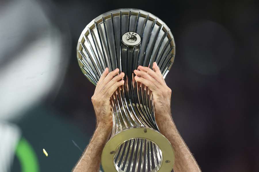 The trophy is lifted after the end of the 2025/26 UEFA Conference League final The trophy is lifted after the end of the 2025/26 UEFA Conference League final