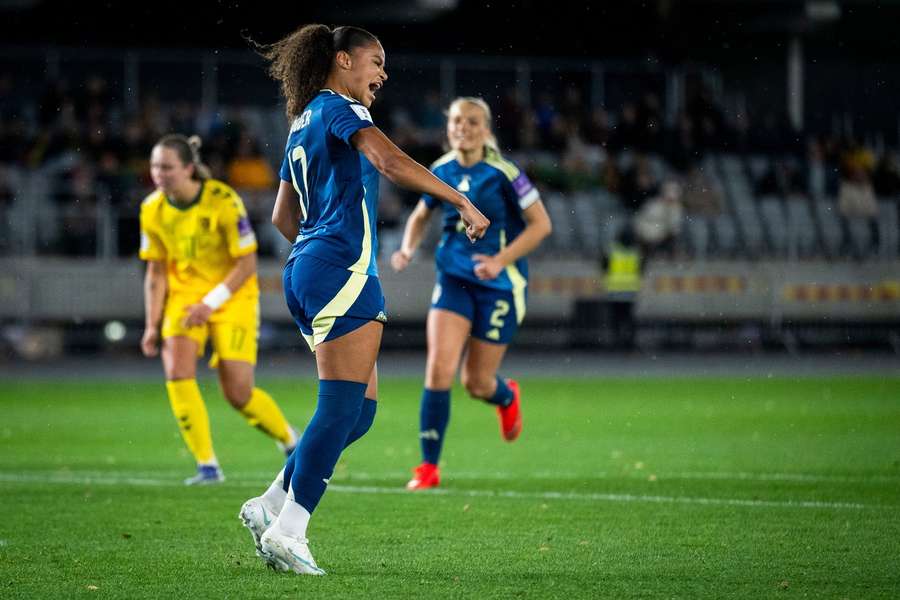 Felicia Schroder celebrates her first international goal Felicia Schroder celebrates her first international goal