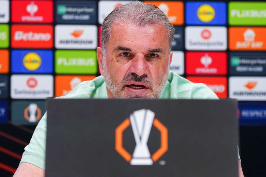 Tottenham Hotspur head coach Ange Postecoglou talks at a press conference Tottenham Hotspur head coach Ange Postecoglou talks at a press conference