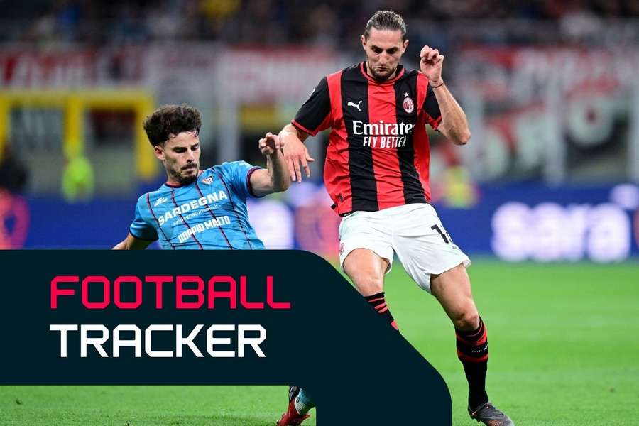 Cagliari's Ze Pedro in action with AC Milan's Adrien Rabiot