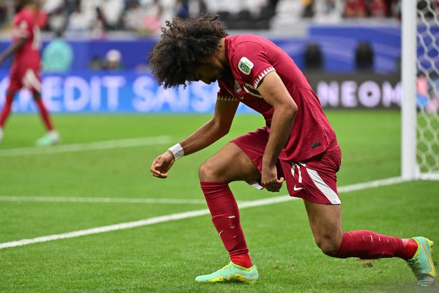 Qatar's forward #11 Akram Afif reacts during the Qatar 2023 AFC Asian Cup Group A football match between Tajikistan and Qatar