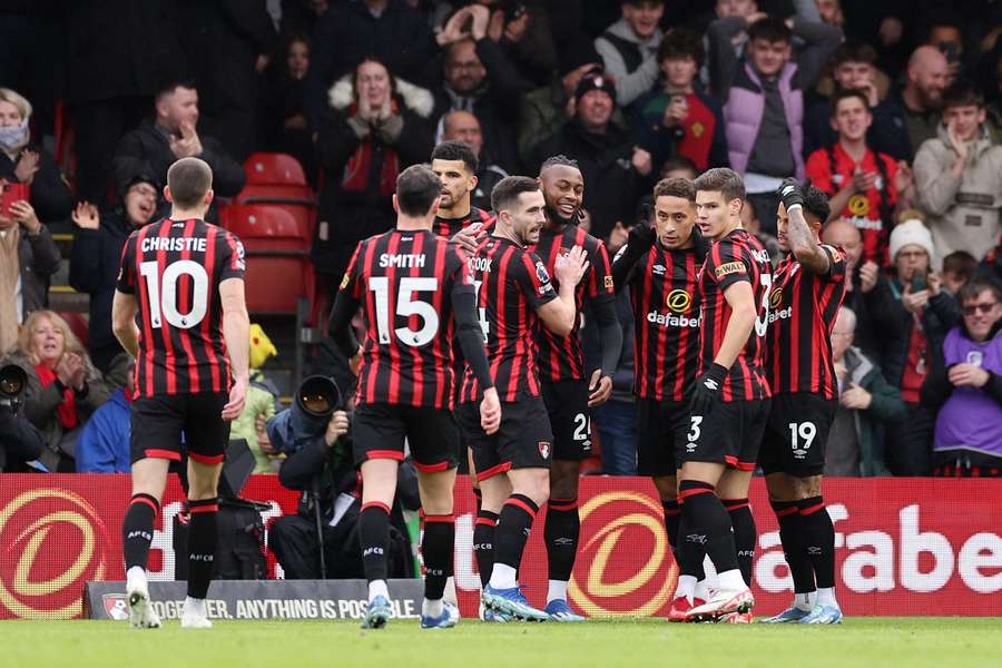 Antoine Semenyo of AFC Bournemouth celebrates with teammates after scoring the team's first goal